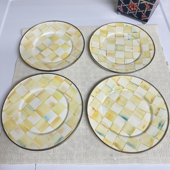 MacKenzie-Childs Other - MacKenzie-Childs Parchment Check Yellow Enamel Salad Plates Vintage 4 Piece Set
